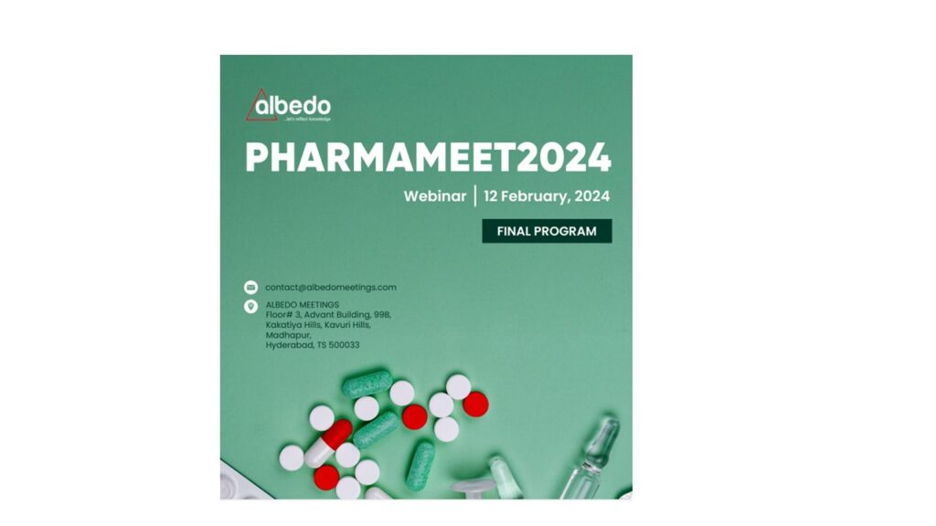 Promotional graphic for pharmameet 2024 webinar on february 12, featuring contact information, scattered pills, and medical syringes on a green background.