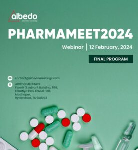 Promotional graphic for pharmameet 2024 webinar on february 12, featuring contact information, scattered pills, and medical syringes on a green background.