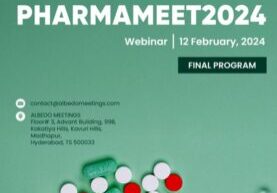 Promotional graphic for pharmameet 2024 webinar on february 12, featuring contact information, scattered pills, and medical syringes on a green background.